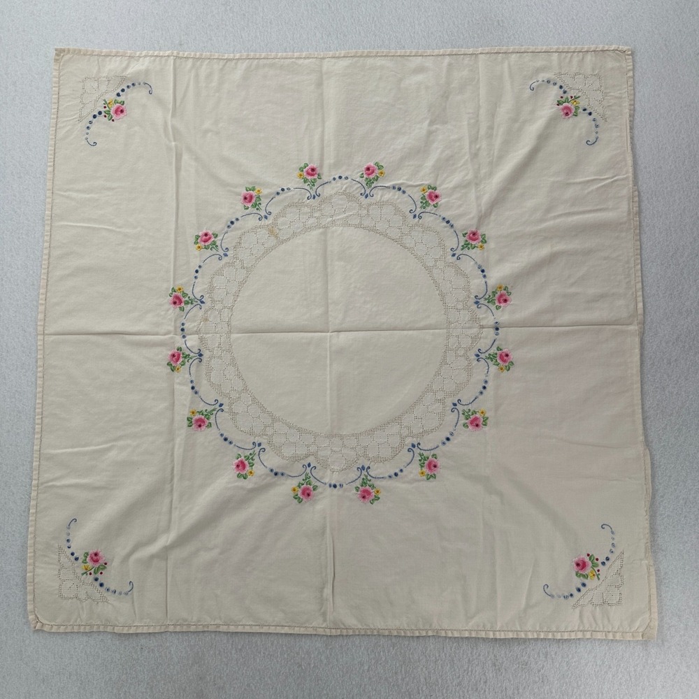 Vintage Hand Embroidered Floral Tablecloth 30 inch Square Blue Pink‎